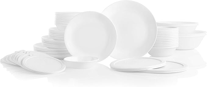 Corelle Vitrelle 78-Piece Service for 12 Dinnerware Set Triple Layer Glass and Chip Resistant Lightweight Round Plates and Bowls Set Winter Frost White