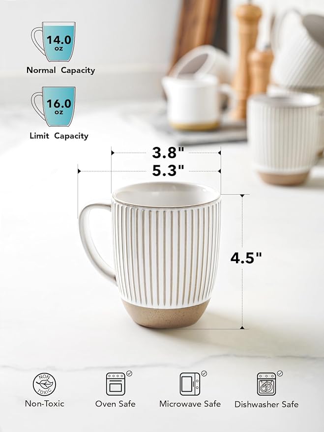 LE TAUCI Coffee Mugs 16 ozCeramic Mug Set Embossment Cups for Latte Hot Tea Cappuccino Mocha CocoaSuit For Housewarming Wedding- 3.8 inch Set of 6 Arctic White