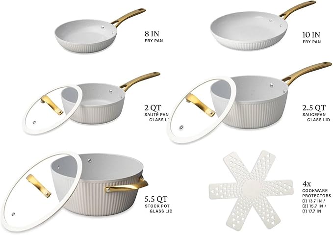 12 Pc Ceramic Cookware Set Nonstick Pots Pans and Fry Pans – Ceramic Non-Stick Ribbed Cookware Set Ergonomic Stay Cool Handles 446°F Oven Safe Dishwasher Safe (White)