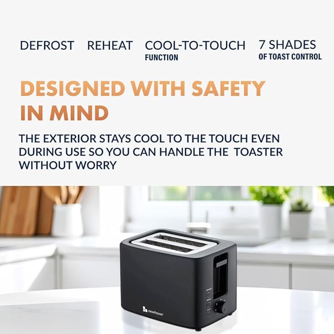 Newhouse 700W Black 2-Slice Toaster with Auto Pop-up and Auto Shut-off NHT-001-BLK Cool-to-Touch Kitchen Appliance and Apartment Essential Kitchen Countertop Staple for the Modern Home
