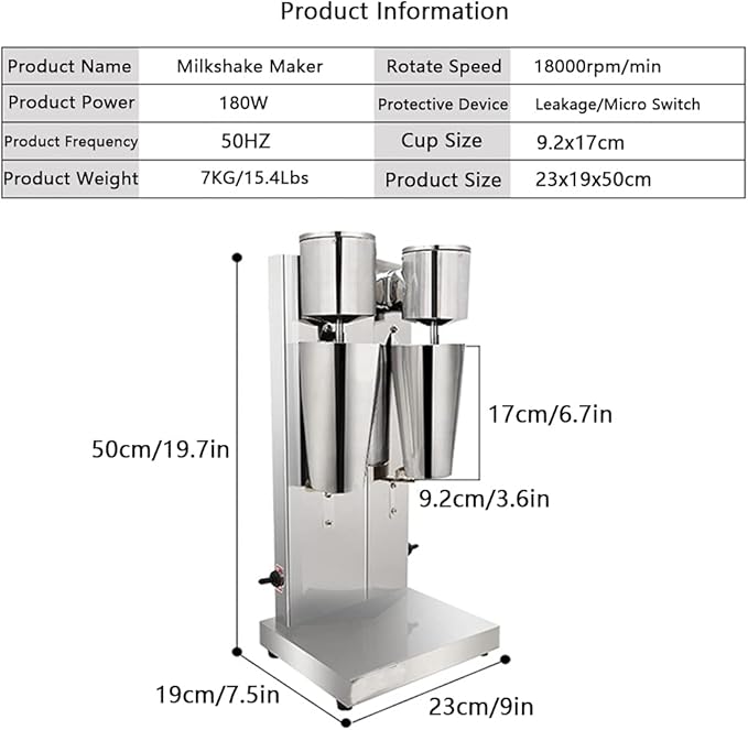 180W Electric Milkshake Maker with 800ML Cups 18000RMP Stainless Steel Dual Head Ice Cream Drink Maker Mixer for Home Business 2 Speed Adjustable(Silver)