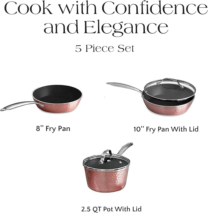 Luxurious Ceramic 5 Piece Rose Gold Cookware Set with Glass Lids Lightweight Scratch-Resistant Dishwasher and Oven Safe up to 500°F