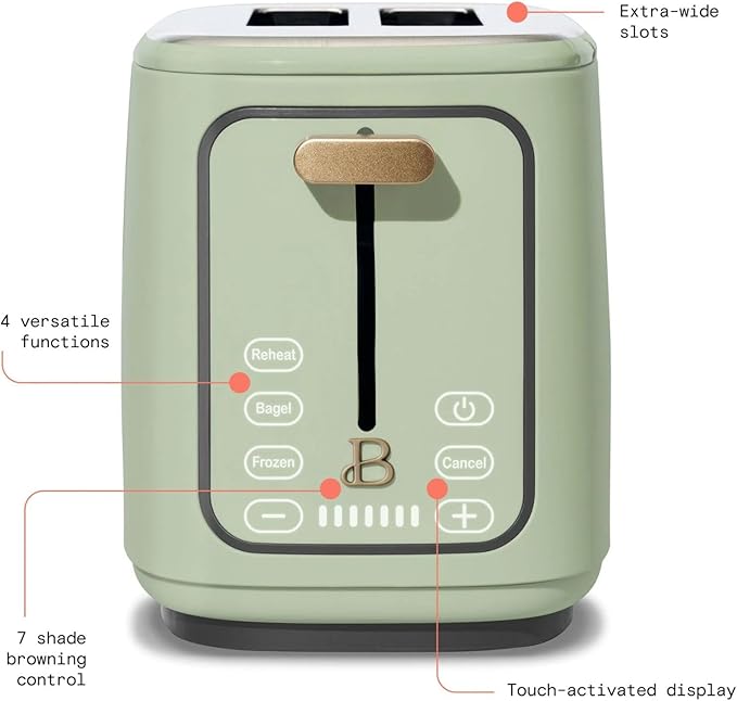Smart Kitchen Toaster with Touch Interface and Preset Modes Advanced Two-Slice Toaster with Wide Slots and 7 Browning Levels (Sage Green)