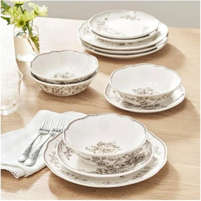 Vintage inspired Agatha Brown 12-Piece Stoneware Dinnerware Set