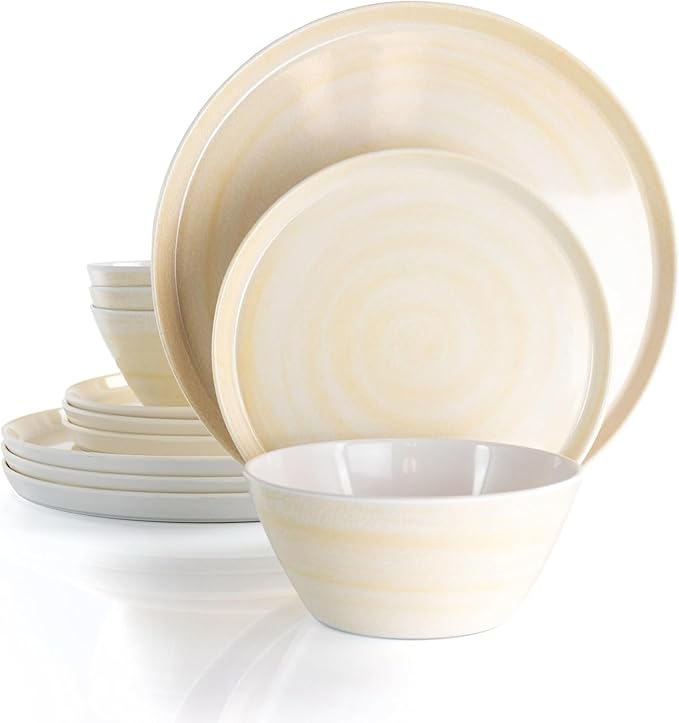 12 Piece Cream Melamine Dinnerware Set – Lightweight Shatterproof Plates and Bowls with Crackle Design – Modern Minimalist Outdoor Indoor Dish Set Dishwasher Safe