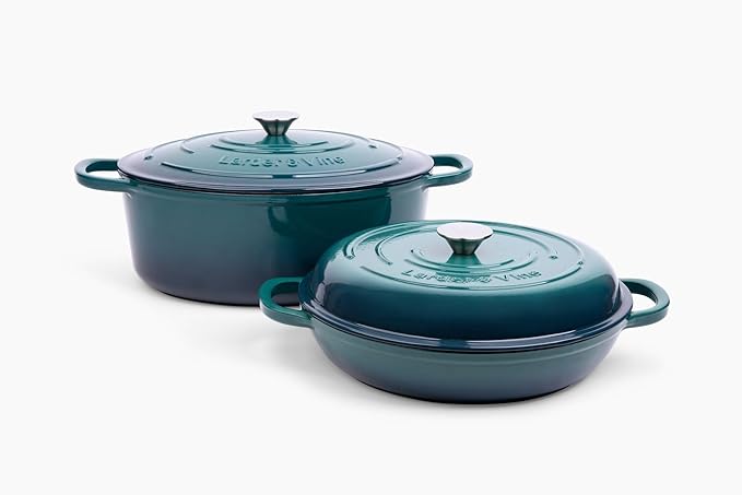 Larder &amp Vine 4-Piece Enameled Cast Iron Cookware Set: 8 Quart Dutch Oven with Lid 3.6 Quart Braiser with Lid Cast Iron Cookware with Oversized Handles Oven Safe up to 500°F (Bondi)