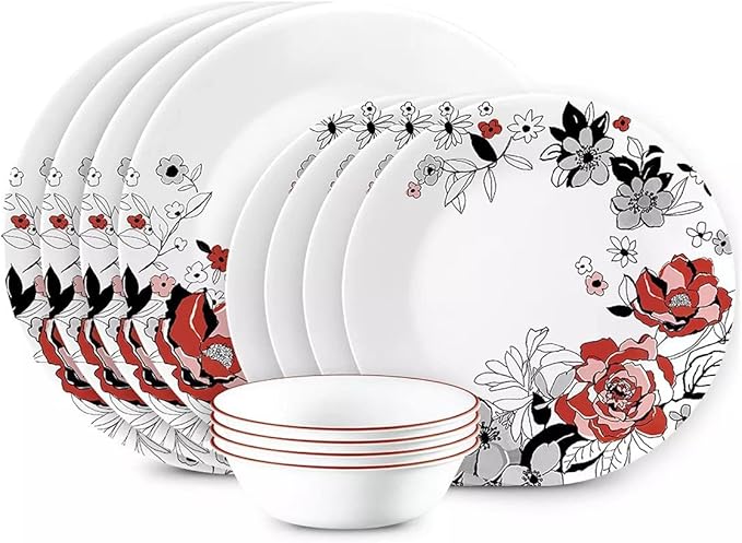 CORELLE Chelsea Rose 12-Piece Dinnerware Set Service for 4 Red Black Gray 1149526