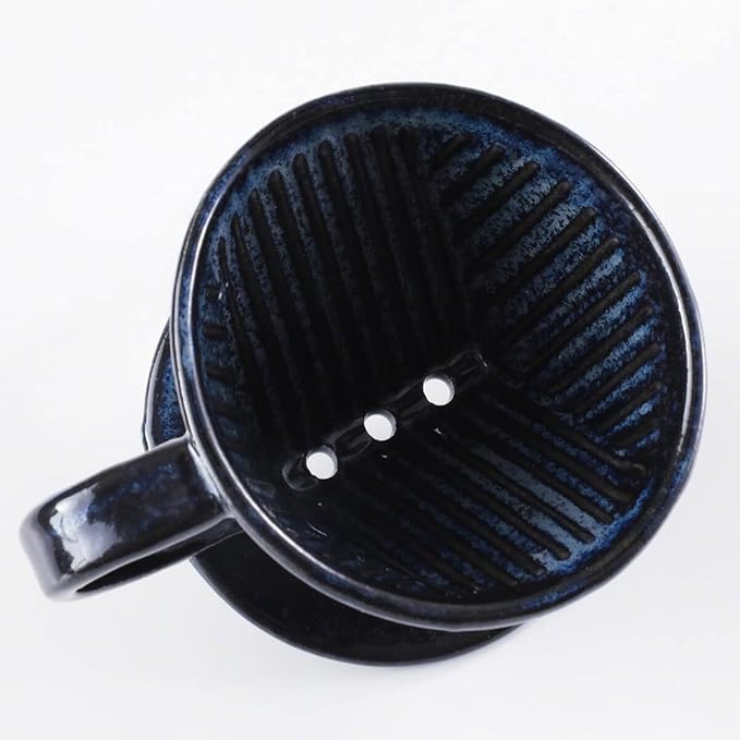 Asayu Japan Ceramic Coffee Pour Over Maker Set in Dark Navy Blue Slow Brewing Paper Filter Holder and Dripper with 3 Holes for Coffee and Tea - Coffee Dripper Cone