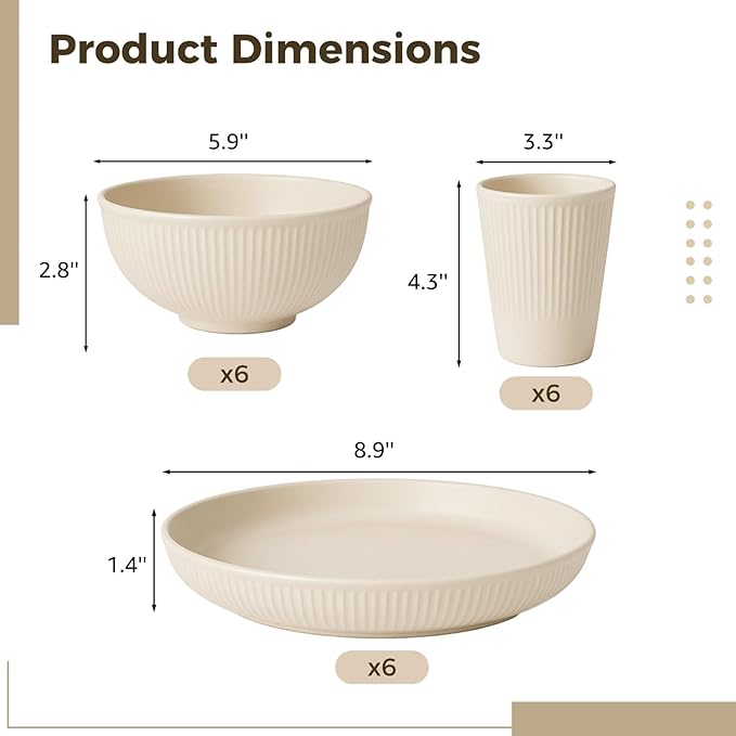18 Pcs Dinnerware Set from Wheat Straw Vertical Ribbed Design Microwave and Dishwasher Safe Unbreakable Dinner Plates Bowls &amp Cups for Family Use