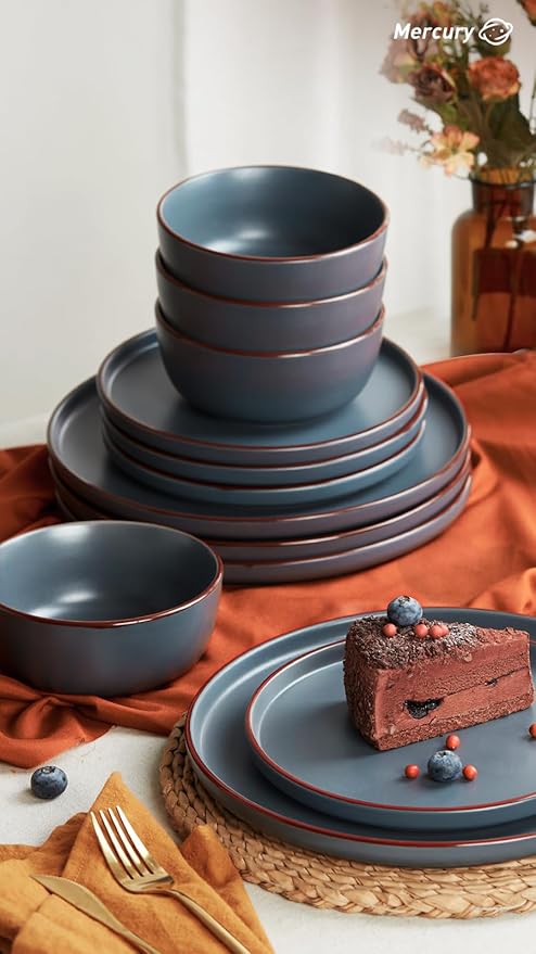 Famiware Mercury 16 Pieces Dinnerware Set with Plates and Bowls and Coffee Mugs Dish Set Service for 4 Stoneware Kitchen Dishes Dinner Sets - Matte Full Glaze Charcoal