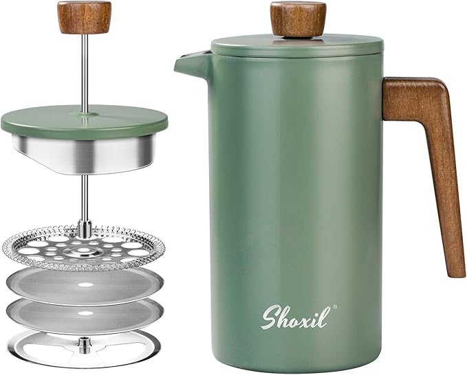 French Press Coffee Maker 34oz Stainless Steel Green Coffee Press Real Wood Handle Double Wall Insulated French Coffee Press with Dual-Filter Screen Perfect for Camping &amp Kitchen Use