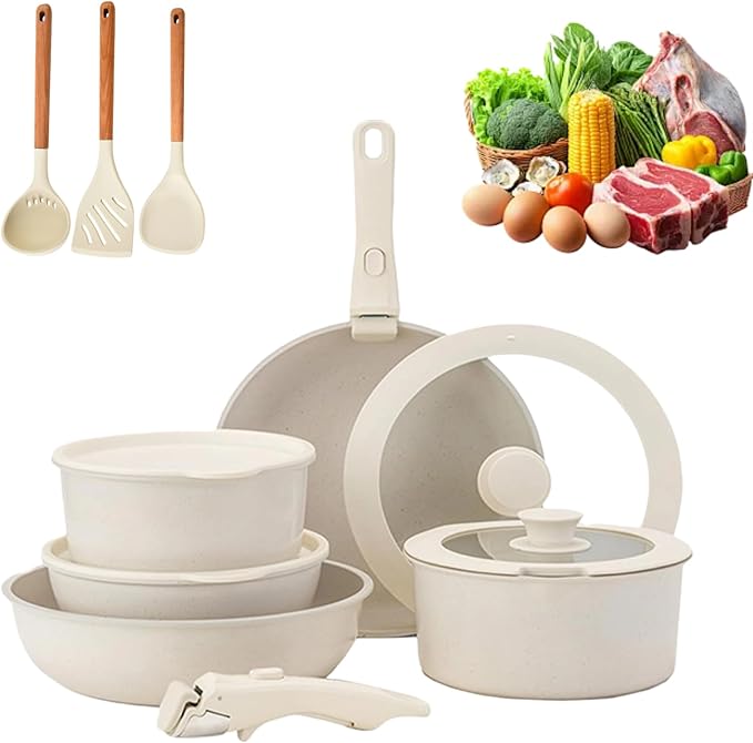 Cookware Set 5/11 Piece Utensils Cookware Set Removable Handle Stackable Nonstick Cooking Set for Kitchen With All Stovetops for Kitchen (White 5PCS)