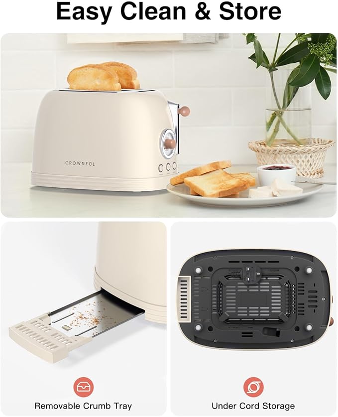 CROWNFUL 2-Slice Toaster Extra Wide Slots Toaster Retro Stainless Steel with Bagel Cancel Defrost Reheat Function and 6-Shade Settings Removal Crumb Tray Cream