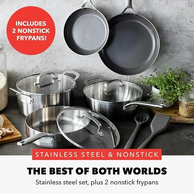 10-Piece Stainless Steel Cookware Set with Ceramic Nonstick Fry Pans and Lids Induction and Oven Safe Pots and Pans Set Silver Even Heat Distribution Dishwasher Safe Kitchen Cookware