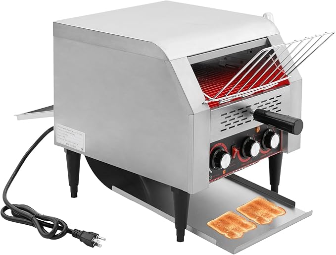 1900W Commercial Conveyor Toaster Stainless Steel Toaster with Upper and Lower Heating Tubes and Crumb Tray 300 Slices/H Heavy Duty Countertop Electric Toaster for Bun Bagel Bread Silver 110V