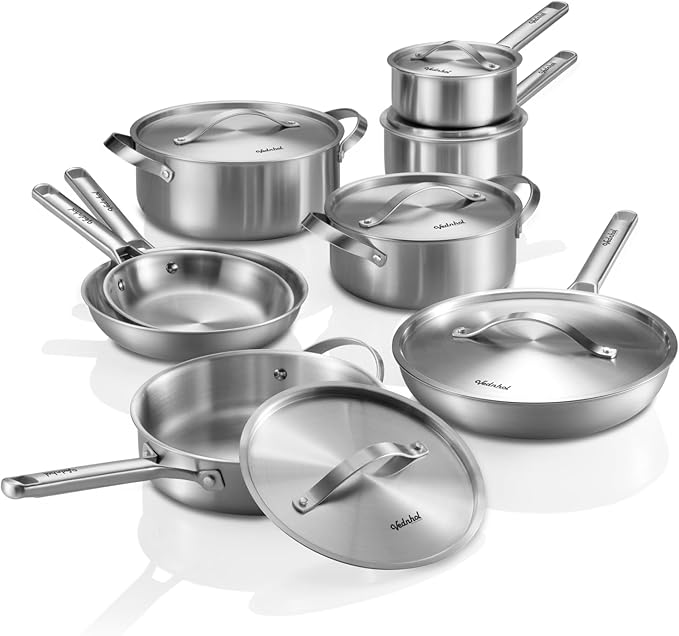 Stainless Steel Cookware Set 14 Pcs Tir-Ply Pots and Pans Set PFOA&ampPTFE Free Dishwasher&ampOven Safe Kitchen Induction Compatible ollas de acero inoxidable para cocinar