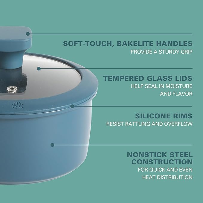 Gibson Home Helensburgh 7-Piece PFA-Free Ceramic Nonstick Carbon Steel Cookware Set – Blue Pots and Pans with Glass Lids Saucepan Dutch Oven Fry Pan
