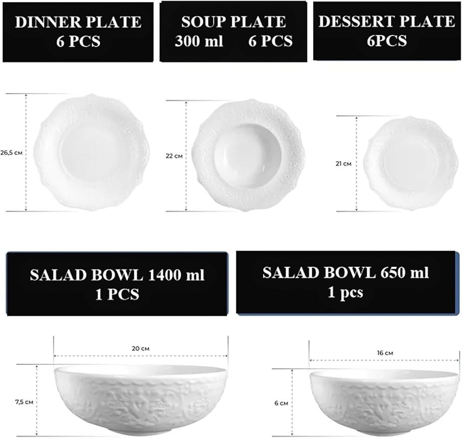 Tudor Royal 20-Piece Porcelain Round Dinnerware Set White Color Service for 6 People Whitehall Design Plates Bowls Dishes Unique Decorated with Embossed Designed and Scalloped Edges Pattern.