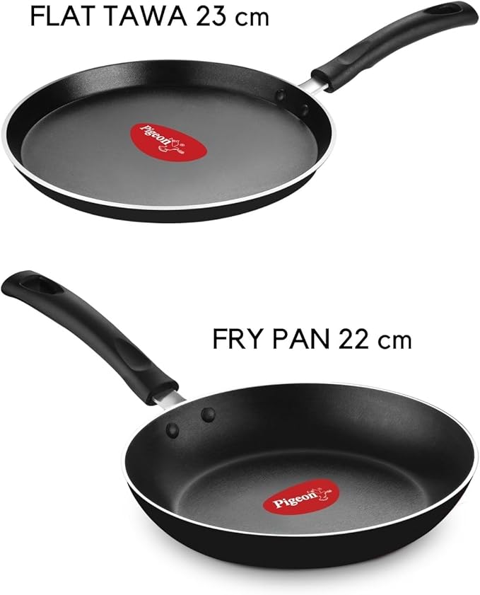 Pigeon Mio Nonstick Aluminium Cookware Gift Set 8 Pieces (Black Red) Includes Fry Pan Tawa Kitchen Tool Set Kadai with Glass Lid