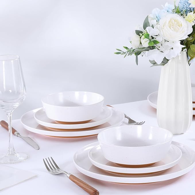 Webbylee 12-Piece Melamine Dinnerware Set for 4 – Unbreakable Plates &amp Bowls BPA-Free Lightweight Two-Tone White &amp Brown Ideal for Family Meals Camping Picnic Parties
