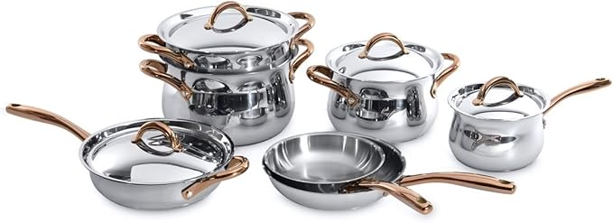 BergHOFF 11 Piece Ouro Cookware Set with Gold Handles Silver/Rose Large