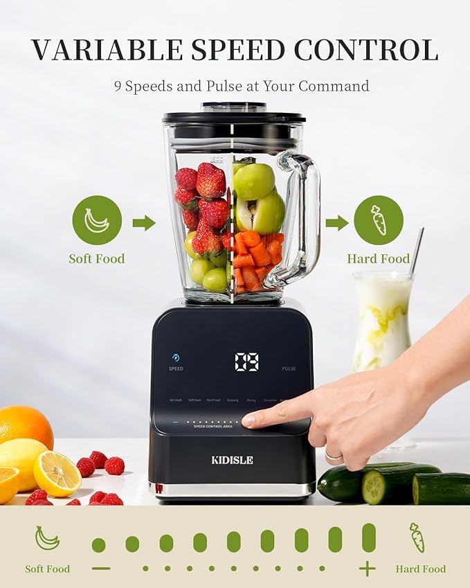 1200W Professional Smoothie Blender for Shakes 52oz Glass Jar Ice Crush Puree 9-Speed Touchscreen with Pulse &amp 7 Functions Black