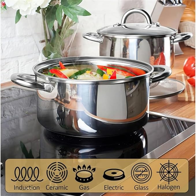 Kitchen Cookware Sets 12 Piece Basic Stainless Steel Pots and PansSilver HandleOne-Grey Silicone Handle-One