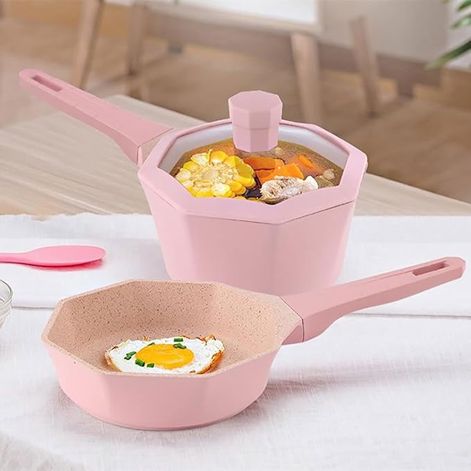 Soup Pot Non-Stick Cookware Set Pots and Pans Set for Cooking Ceramic Coating Saucepan Stock Pot with Lid Frying Pan Pink/Blue (2 One Size)