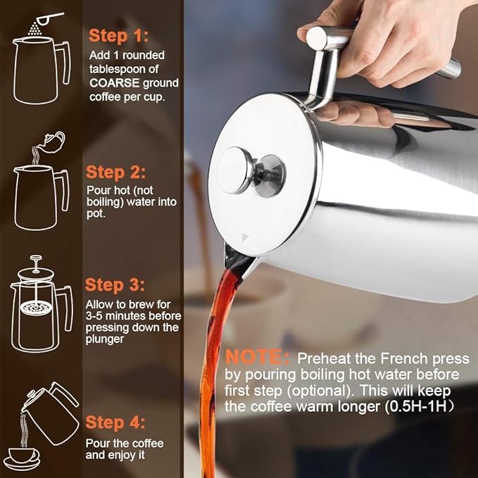 Secura French Press Coffee Maker 34-Ounce 304 Stainless Steel Insulated Coffee Press with Extra Screen
