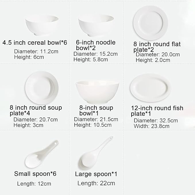 Bone China Dinnerware Set White Porcelain Round Dinner Dining Tableware Combi-Set with Cereal Noodle Bowl Dessert Soup Fish Plates Microwave and Oven Safe