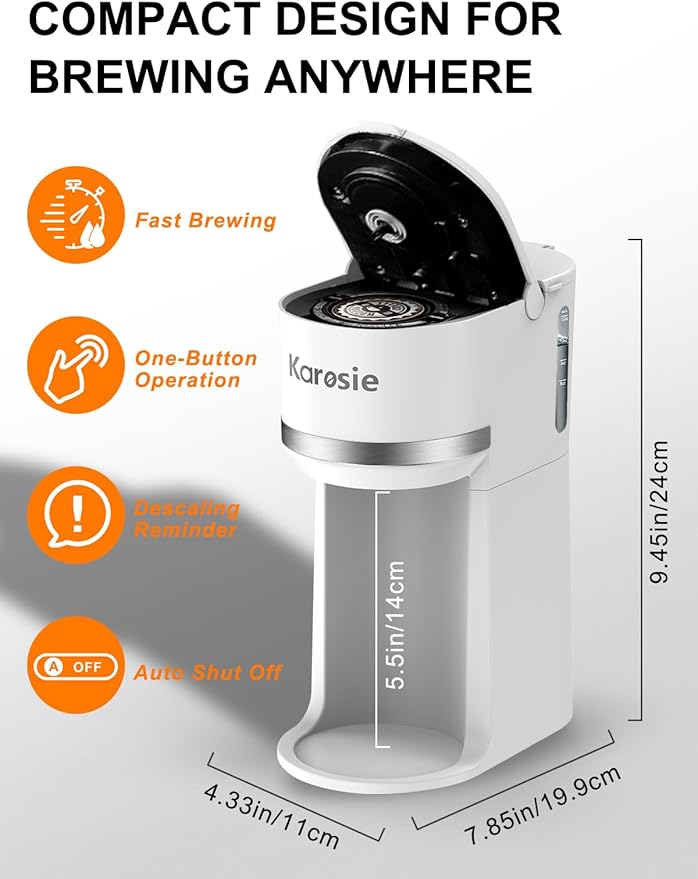 Single Serve Coffee Maker for K-Cup and Ground Coffee Fast Brew 6-12 oz Brew Sizes One Cup Coffee Machine Fits 5.5 Mugs One-Button Small Coffee Maker with Descaling ReminderWhite