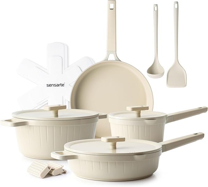 SENSARTE Ceramic Cookware Set Non-toxic 14 Pcs Nonstick Pots and Pans Set Dishwasher Safe Induction Cookware Healthy Kitchen Cooking Set w/Die-cast Lids PFOA/PFAS/PTFE Free