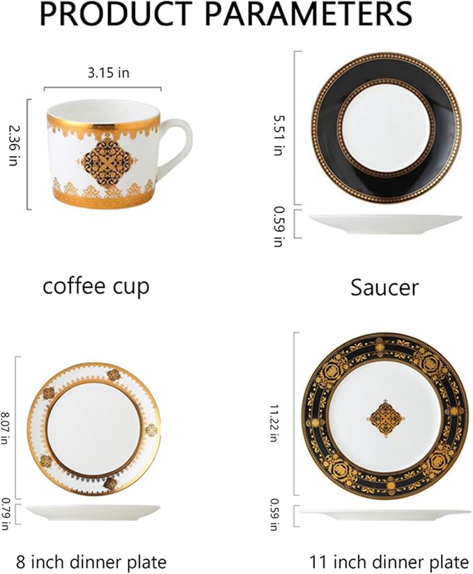 16 Piece Dinnerware Sets for 4 Bone China dishes set with Dinner Plate coffee cups and saucersScratch Resistant Dishwasher Safegold