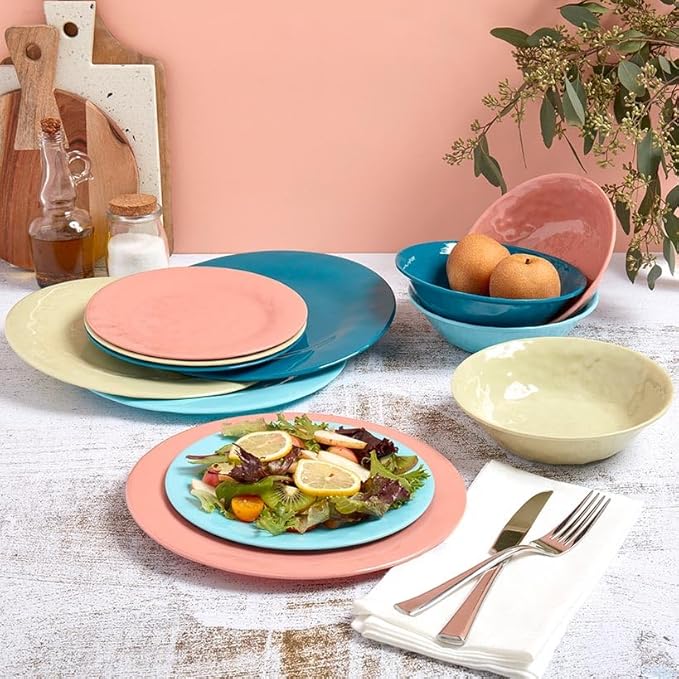 Melamine Dinnerware Service for 4 Set Vibrant Colors 12pc Set - Light Blue