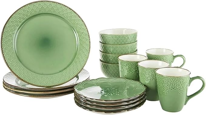 Dinnerware Set 16 Piece Green Dinner Plate Set Dishes and Plates Sets Embossed Pattern Dinnerware