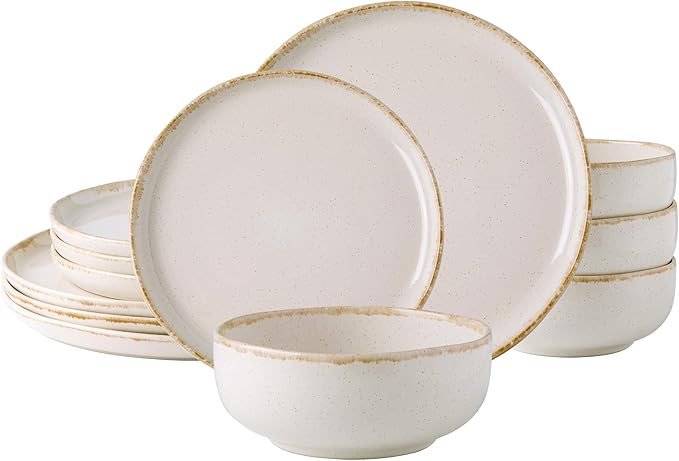 AmorArc Ceramic Dinnerware Sets Wavy Rim Stoneware Plates and Bowls Sets Highly Scratch Resistant | Dishwasher &amp Microwave Dishes set Service for 4 (12pc)-Speckled Cappuccino)