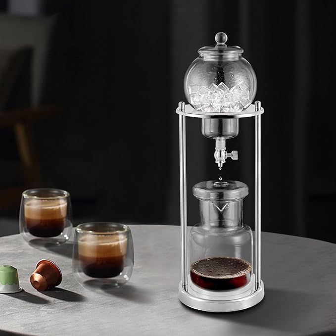 Metal Cold Brew Drip Tower Ice Cold Drip Tower 600ml Capacity Iced Coffee Cold Brew Drip Tower Ice Coffee Maker for Home Coffee Shops Offices 6-8 Cups (Silver)