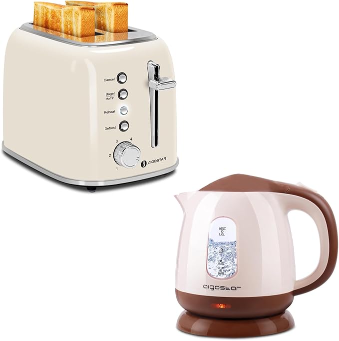 Aigostar Toaster 2 Slice Retro Extra-Wide Slot Toasters and Small Electric Kettle 1L Portable Electric Tea Kettle 1100W