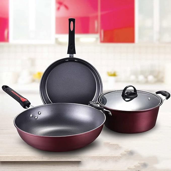 3Pcs Kitchen Cookware Set Non-Stick Cookware Frying Pan Cooking Pot &amp Pan Saucepan with Glass lid Home