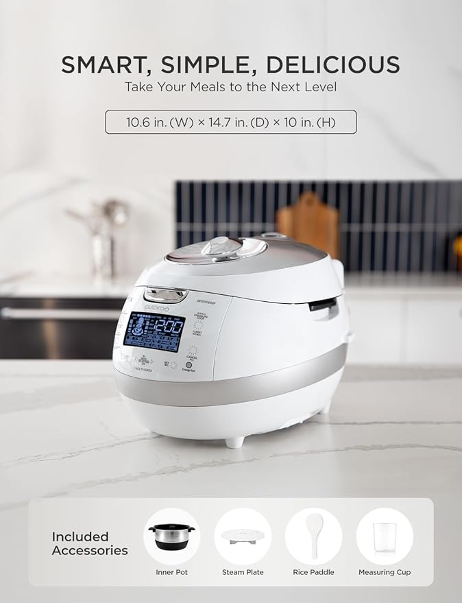CUCKOO High Pressure Rice Cooker 6-Cup Uncooked / 12-Cup Cooked with Induction Heating Technology Versatile Rice Maker with 16 Menu Options and Steam Plate Voice Guide White (CRP-BHSS0609F)