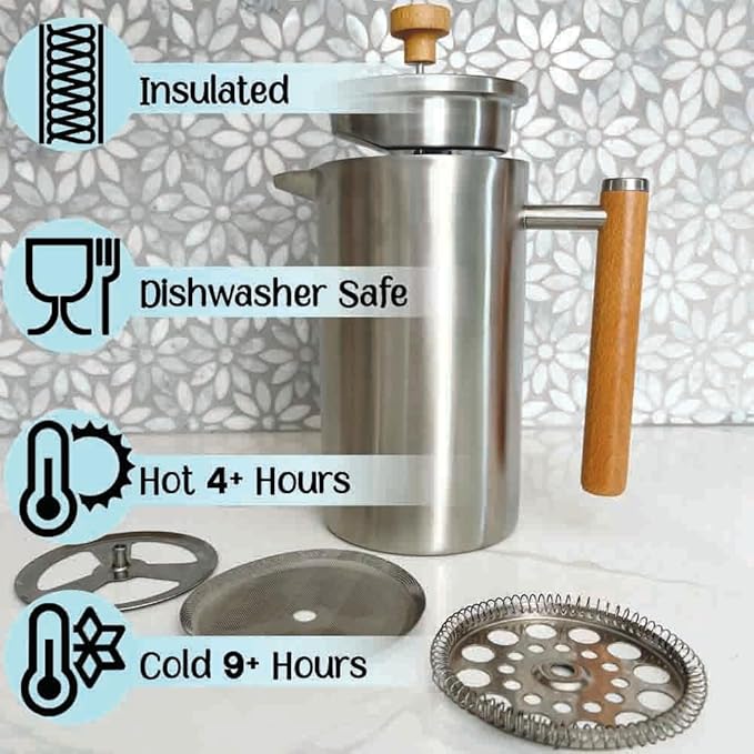 Stellar Living 34 OZ Stainless Steel French Press Coffee Maker with Double Vacuum Insulation Maximum Flavor Coffee Brewer Tea and Coffee Press Camp Coffee Maker - Matte Silver with Wooden Handle