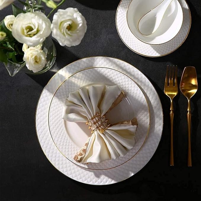 Ceramics Dinner Sets Ceramics Dinnerware SetBowl/Dish/Soup Pot/Spoon|Dinner SetsWhite Embossed Gold Rim Pattern Porcelain Combination Set49Pieces