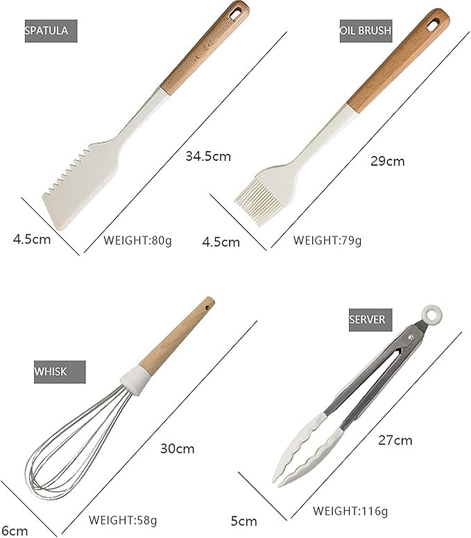 13 Piece White Wooden Handle Utensils Set Silicone Non-Stick Cookware Available Non-Scalding Handle Kitchen Set Home Cooking Baking Complete Set with Storage Bucket