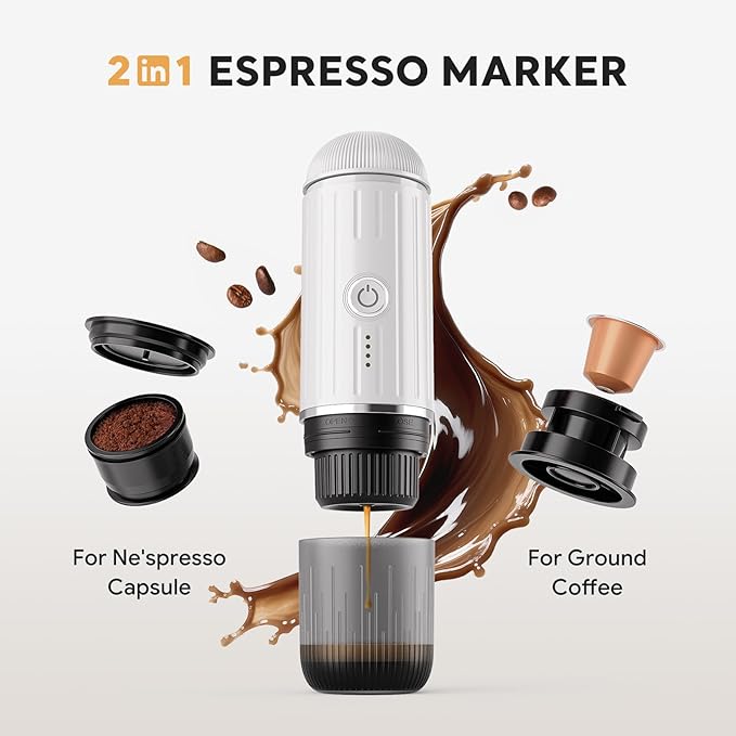 Portable Electric Espresso Coffee Maker for Ground Coffee &amp NS Capsule Espresso Machine Fast Self-Heating Technology‌ with USB-C Perfect for RV Hiking Camping Office &amp On-the-Go Lifestyles