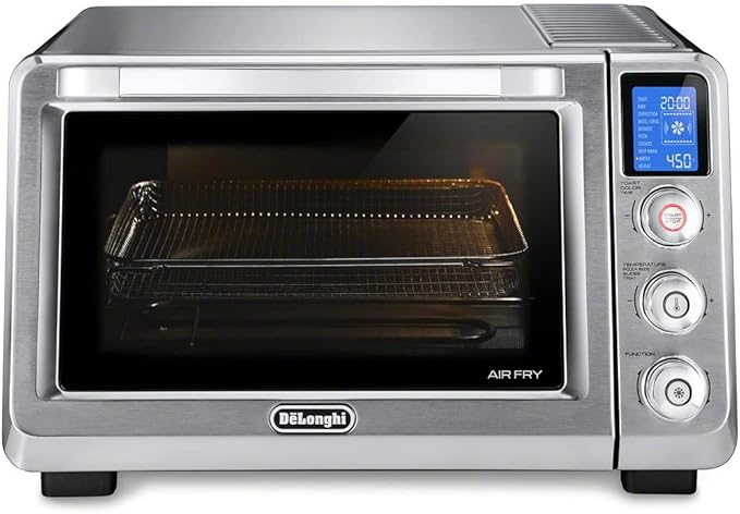 De'Longhi 10-in-1 Digital AirFryer 24L True Convection Toaster Oven with Internal Light Grills Broils Bakes Roasts Reheats Preset for Cookie &amp Pizza 1800-Watts Stainless Steel