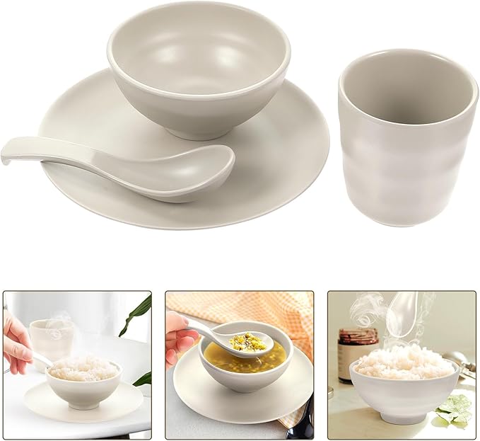 Unbreakable Dinnerware Set 4pcs Soup Rice Bowl Cup Plate Kit Matte Light Beige Melamine Tableware for Kitchen and Dining Anti-fall Lightweight Bowls and Plates for Family Use