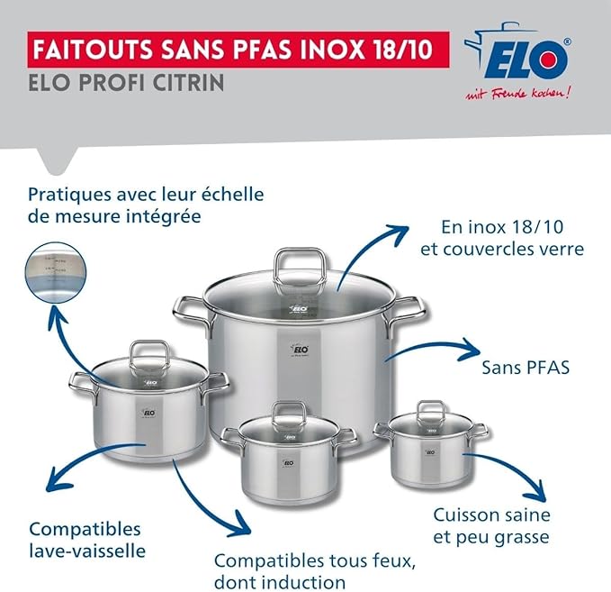ELO 9697950 Cookware Set 5 Pieces 1 Frying Pan 28 cm and 4 Saucepans 12 14 16 and 26 cm Elo Profi Citrine Stainless Steel Induction