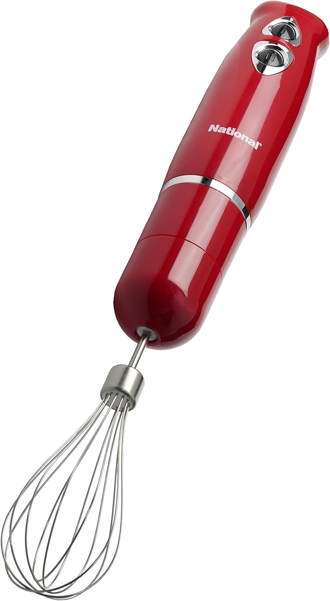 National NA-3104HB 4-in-1 Multi-Purpose Immersion Hand Blender Blend Puree Mash Chop and Whisk Two Speeds Splash Control and ETL Approved with Interchangeable Attachments (Red)