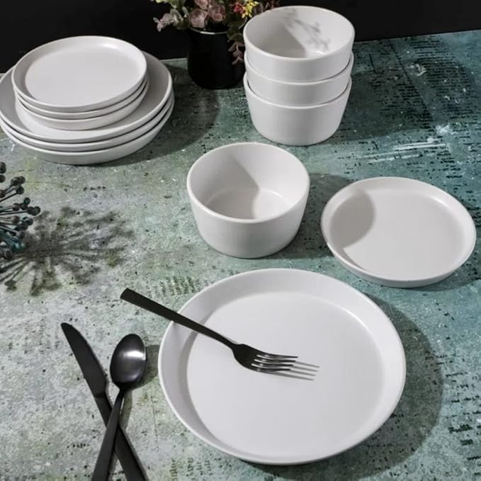 12 Piece Classy White Dinnerware Sets Service For 4 | Dishwasher Microwave Oven Safe Stackable Chip &amp Scratch Resistant Contemporary Look Durable Stoneware Kitchen Bright Milky Lily Color Cool