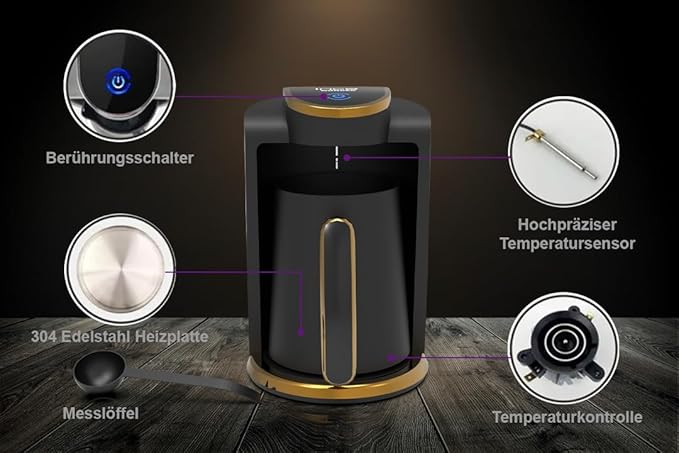 İnca IKM-01 Wonder Series Turkish Coffee Maker Turkish Coffee Maker with Measuring Spoon for 4 Cups (Fincan) at the Same Time High Performance in Elegant Black and Rose Gold Design